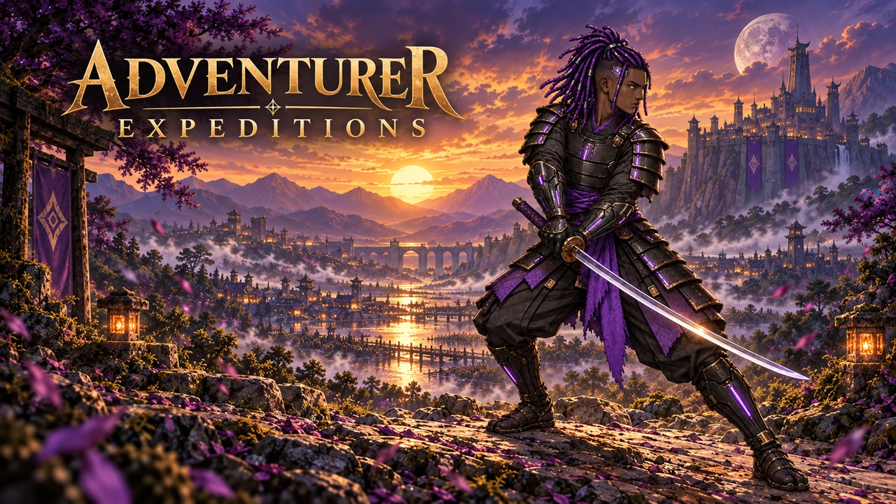 Adventurer Expeditions: Hiro with purple locs and a katana overlooking a moonlit city